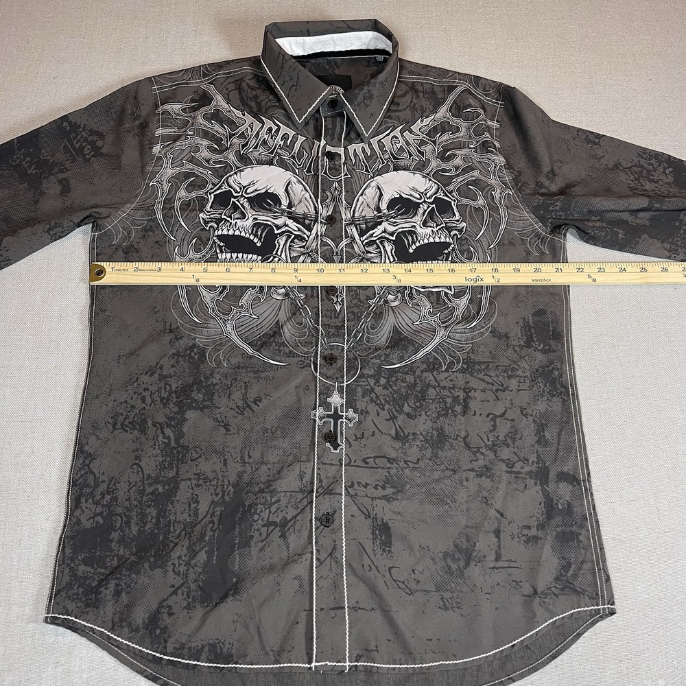 Affliction Live Fast Button Shirt Mens M Skull Cross Grunge Stretch Material - Picture 7 of 8